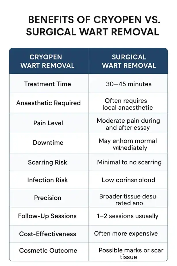 Table showing the benefits of cryopen to remove warts Ascot compared to surgical treatment